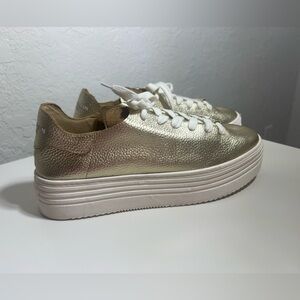 Women’s Sam Edelman Pippy Lace Up Platform Sneakers Gold Leather Size 7.5
